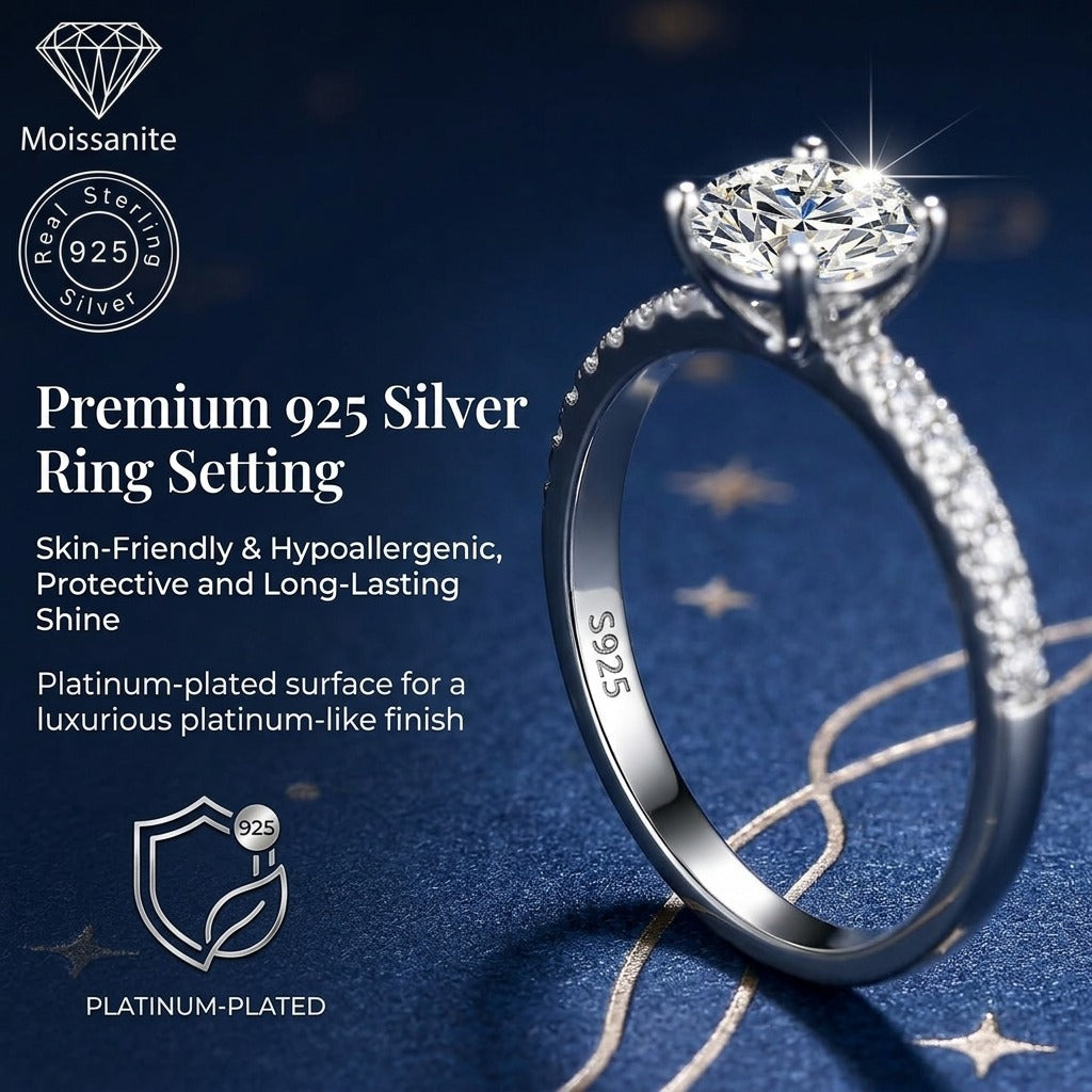 Female VVS Round Cut Pavé Moissanite Engagement Ring - 1 ct, 2ct, 3 CARAT - 925 Sterling Silver