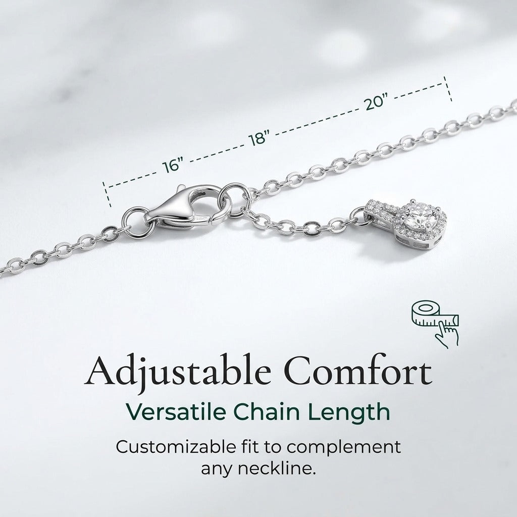 925 Sterling Silver VVS Round Moissanite Halo Pendant Necklace - Cushion Frame, 1-2 Carat, Lightweight Layering Box Chain, Anniversary Jewelry