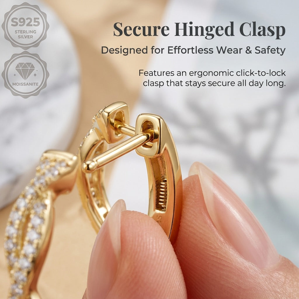 Twisted Braid Moissanite Hoop Earrings for Women, 925 Sterling Silver, Pavé Moissanite Huggie Hoops, Hypoallergenic Fine Jewelry