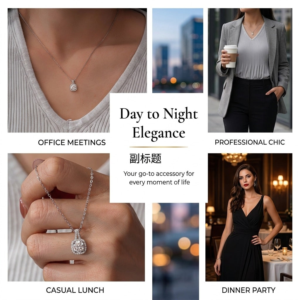 925 Sterling Silver VVS Round Moissanite Halo Pendant Necklace - Cushion Frame, 1-2 Carat, Lightweight Layering Box Chain, Anniversary Jewelry