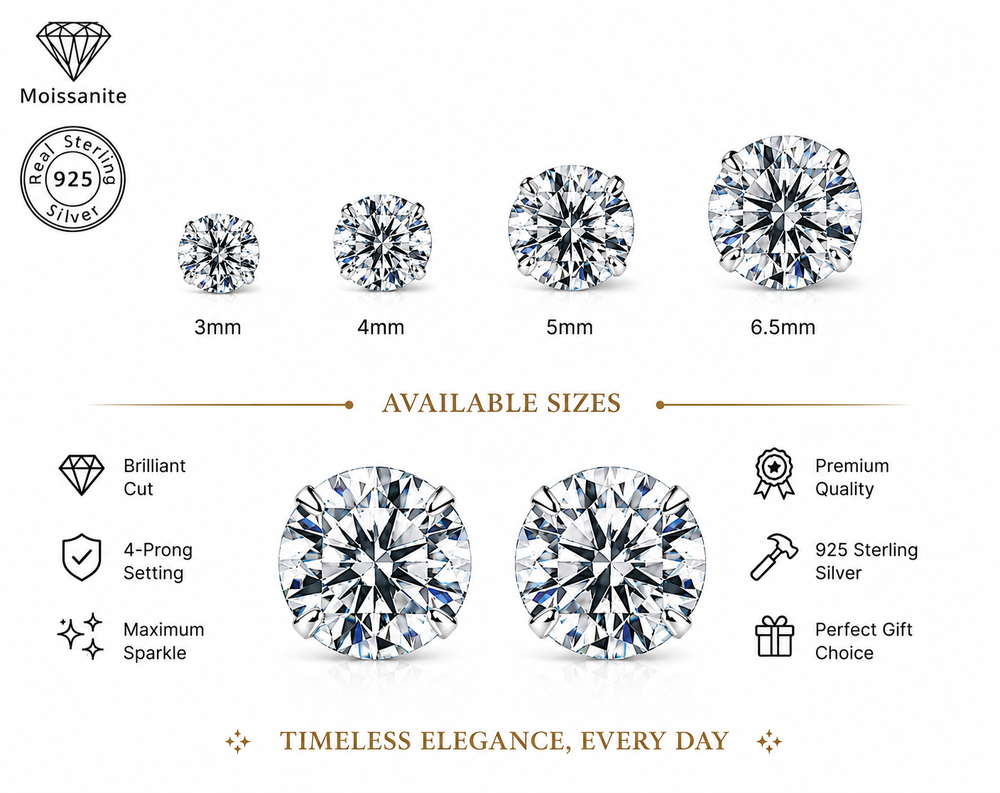 925 Sterling Silver Four-Prong Round Moissanite Stud Earrings