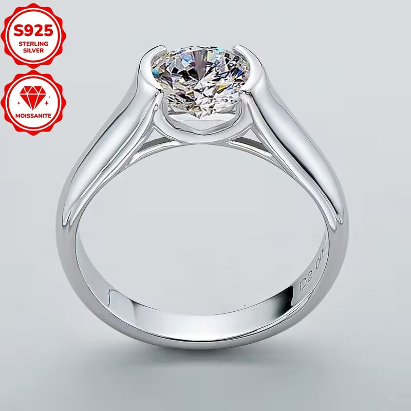 2 Carat Round Moissanite Engagement Ring for Women, 925 Sterling Silver Solitaire Ring, Classic Wedding & Anniversary Fine Jewelry