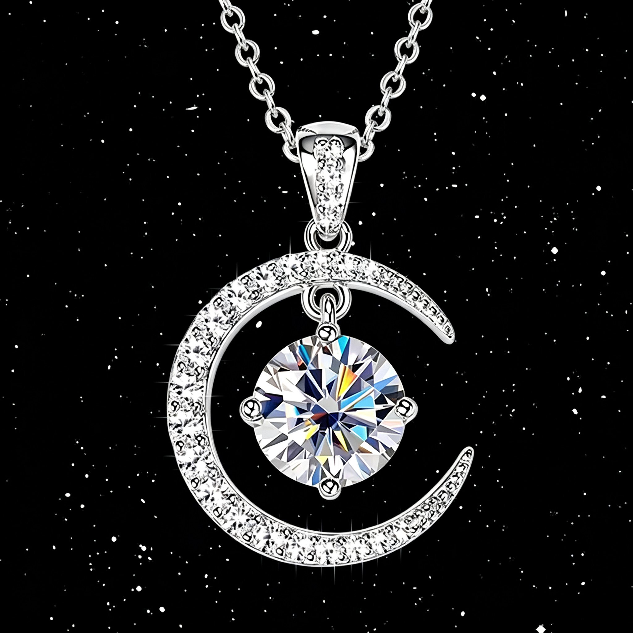 Moon & Sun Moissanite Pendant Necklace, 925 Sterling Silver, 2.31CTW Round Cut Moissanite, Celestial Jewelry Gift for Women