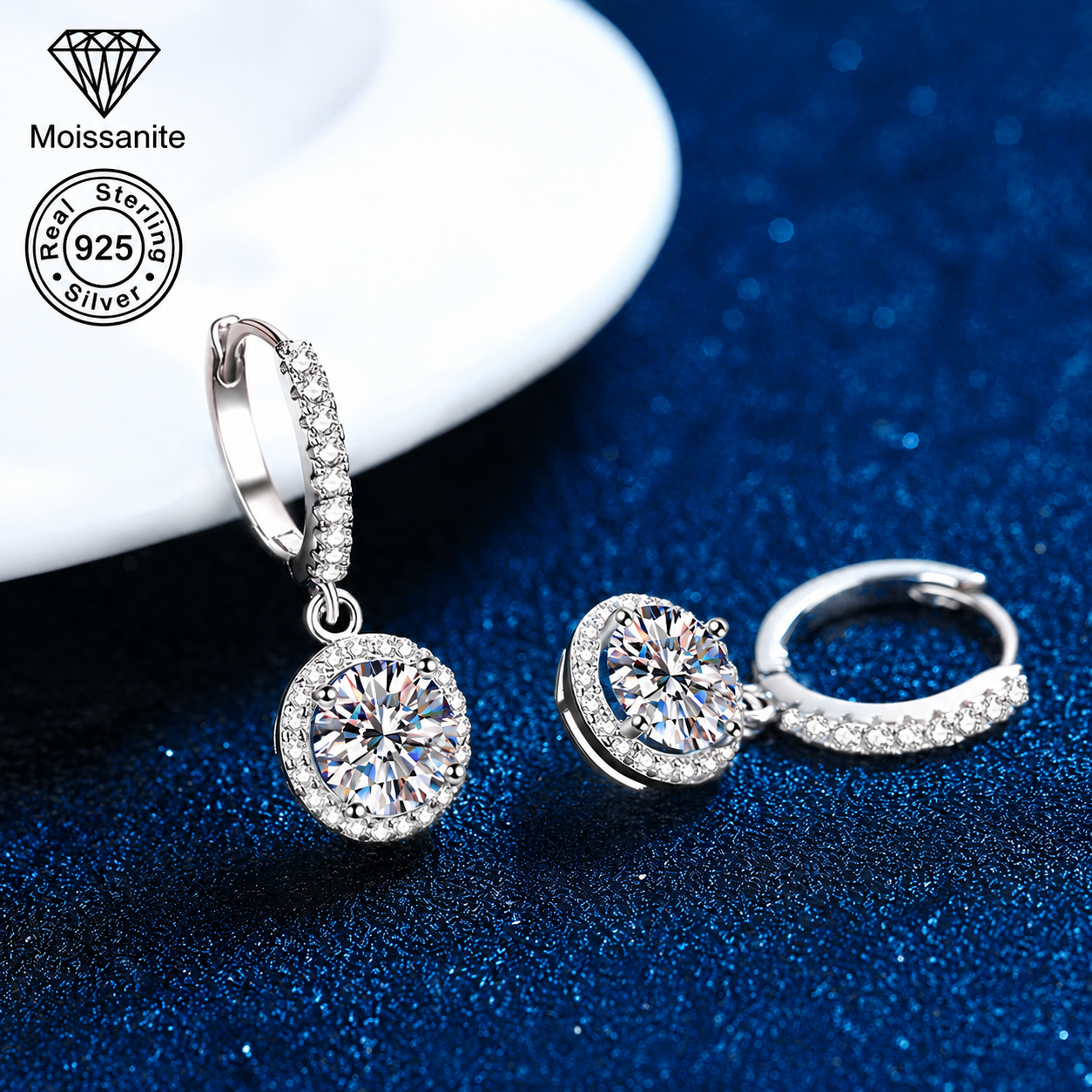 Halo Moissanite Drop Hoop Earrings – 1 CARAT | 925 Sterling Silver
