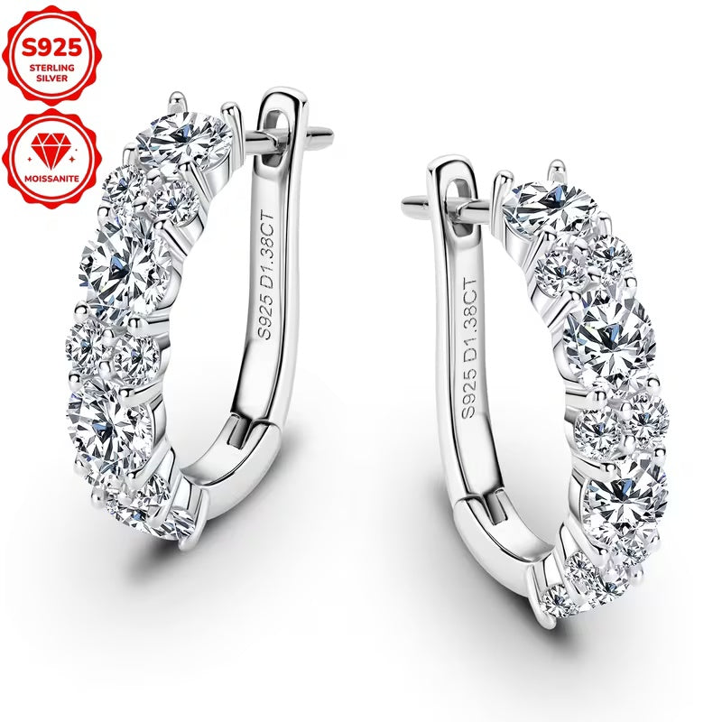1.38CTW Moissanite Hoop Earrings for Women, 925 Sterling Silver Pavé Huggie Hoops, Dainty Diamond-Look Earrings, Hypoallergenic Fine Jewelry