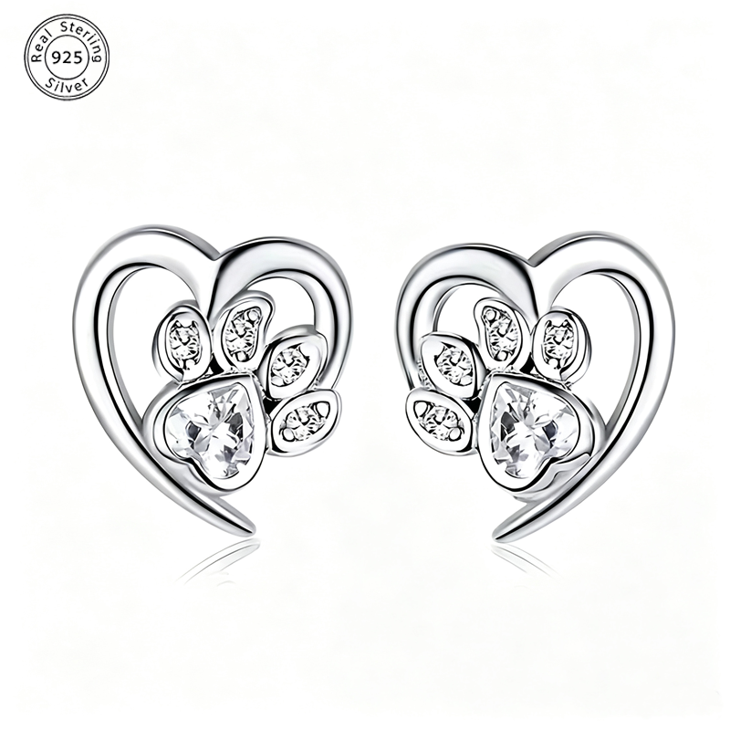 925 Sterling Silvery Synthetic Turquoise Animal Paw Print Heart Stud Earrings for Women, Cute Casual Jewelry