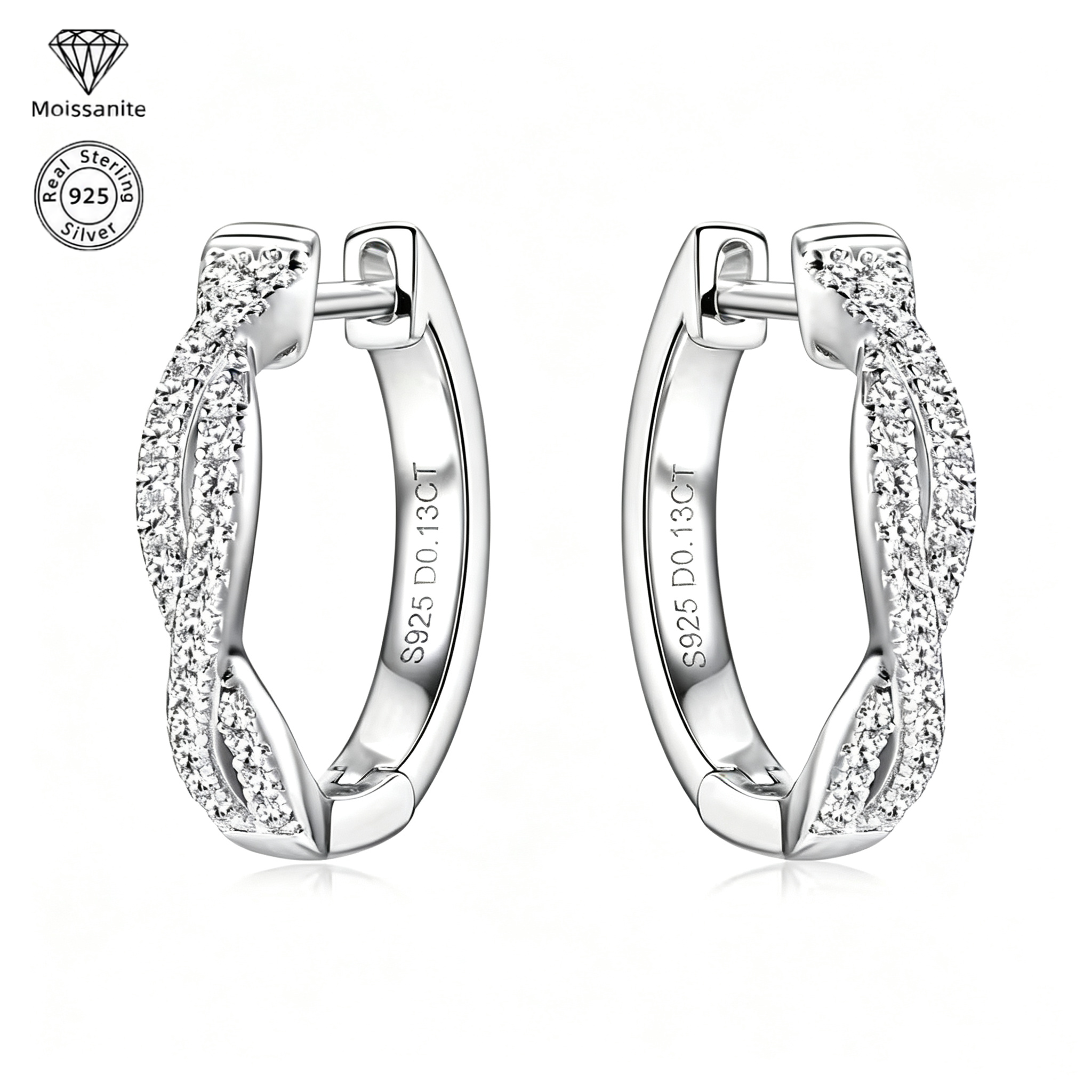 Twisted Braid Moissanite Hoop Earrings for Women, 925 Sterling Silver, Pavé Moissanite Huggie Hoops, Hypoallergenic Fine Jewelry