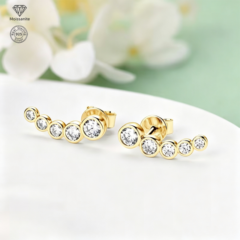 Moissanite Climber Stud Earrings for Women, 925 Sterling Silver, Elegant Ear Climber Earrings, Hypoallergenic Fine Jewelry
