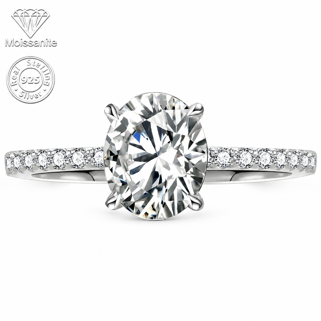 Classic Oval Cut Moissanite Engagement Ring - 925 Purity Sterling Silver, 1/2/3 CARAT, Lightweight, Geometric, Crown Accent