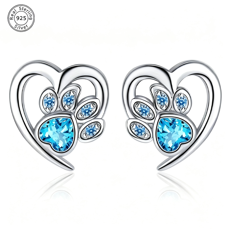 925 Sterling Silvery Synthetic Turquoise Animal Paw Print Heart Stud Earrings for Women, Cute Casual Jewelry