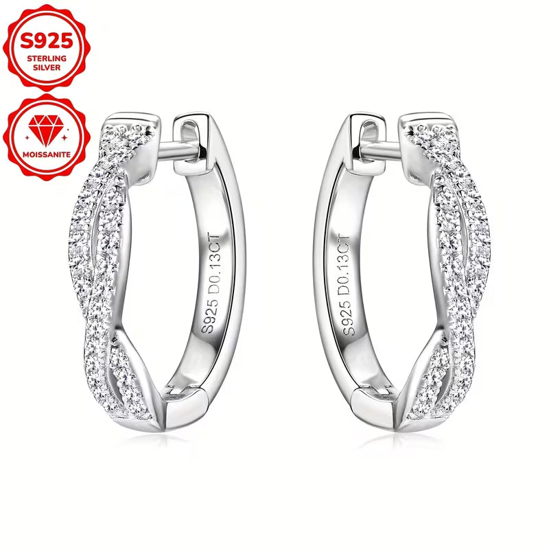 Twisted Braid Moissanite Hoop Earrings for Women, 925 Sterling Silver, Pavé Moissanite Huggie Hoops, Hypoallergenic Fine Jewelry