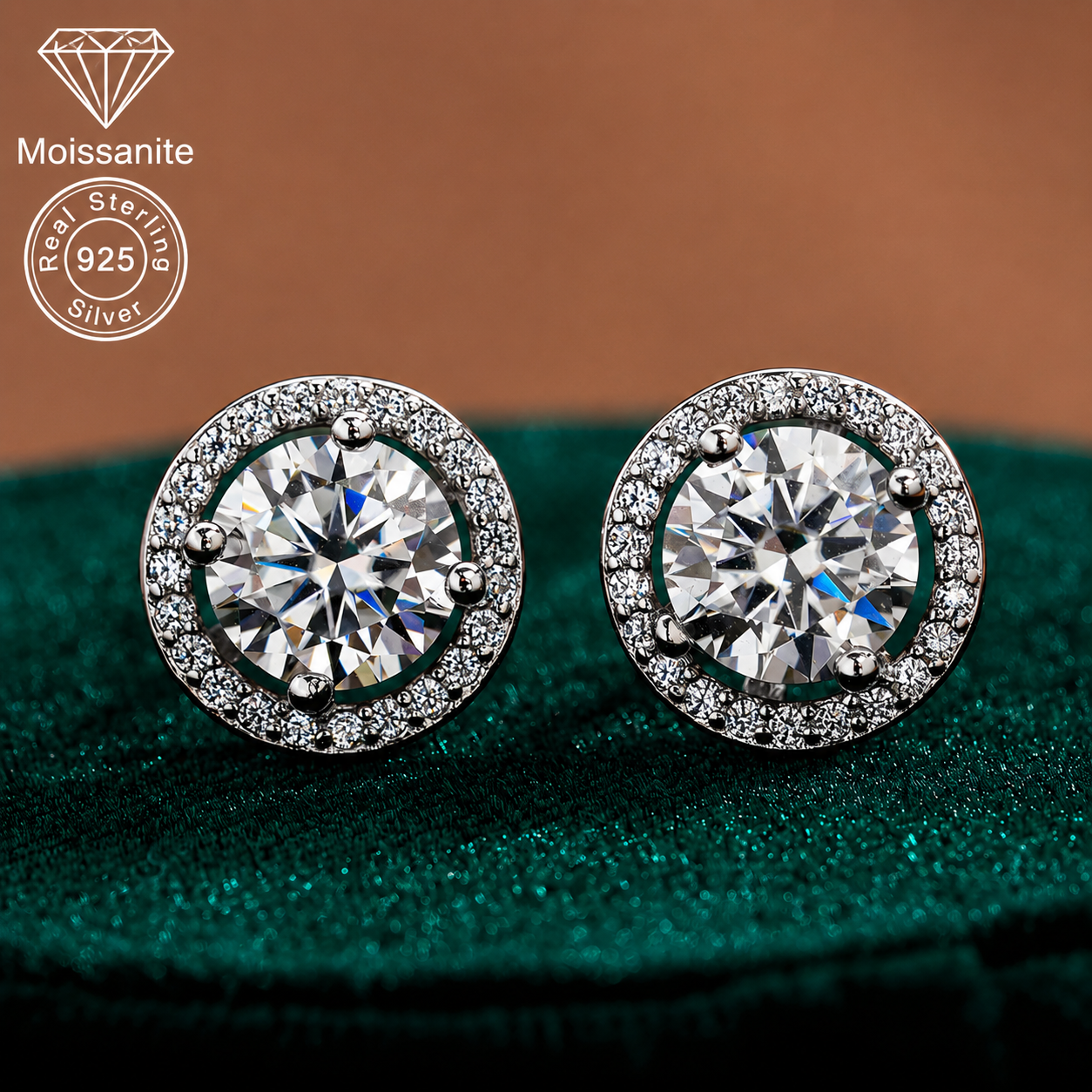 Round Cut Round Halo Moissanite Stud Earrings – 0.5 CARAT / 1 CARAT | 925 Sterling Silver