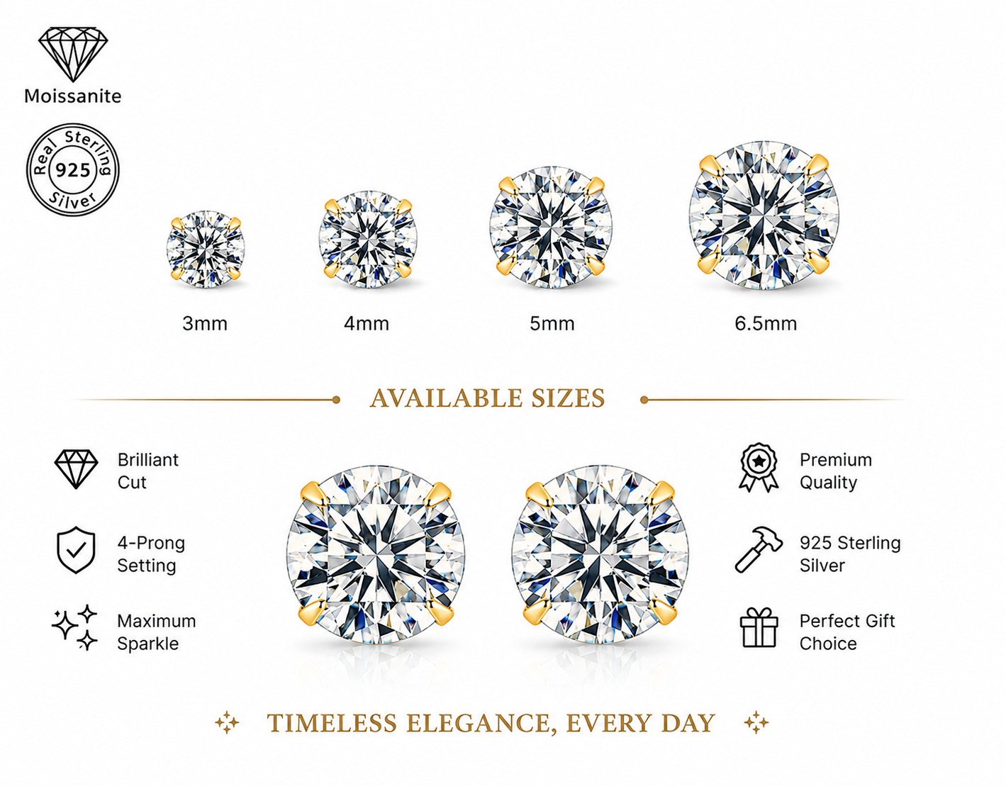 925 Sterling Silver Four-Prong Round Moissanite Stud Earrings