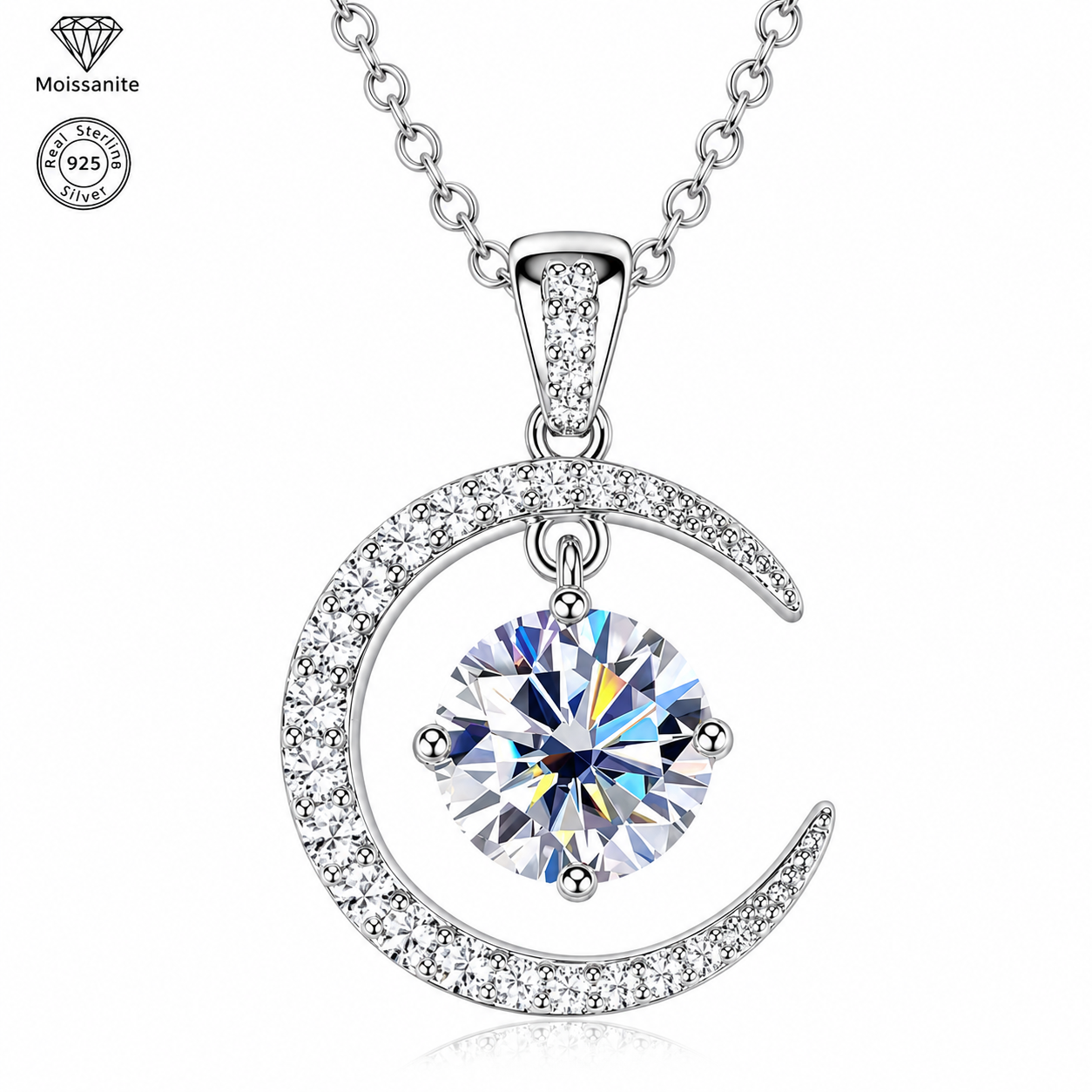 Moon & Sun Moissanite Pendant Necklace, 925 Sterling Silver, 2.31CTW Round Cut Moissanite, Celestial Jewelry Gift for Women
