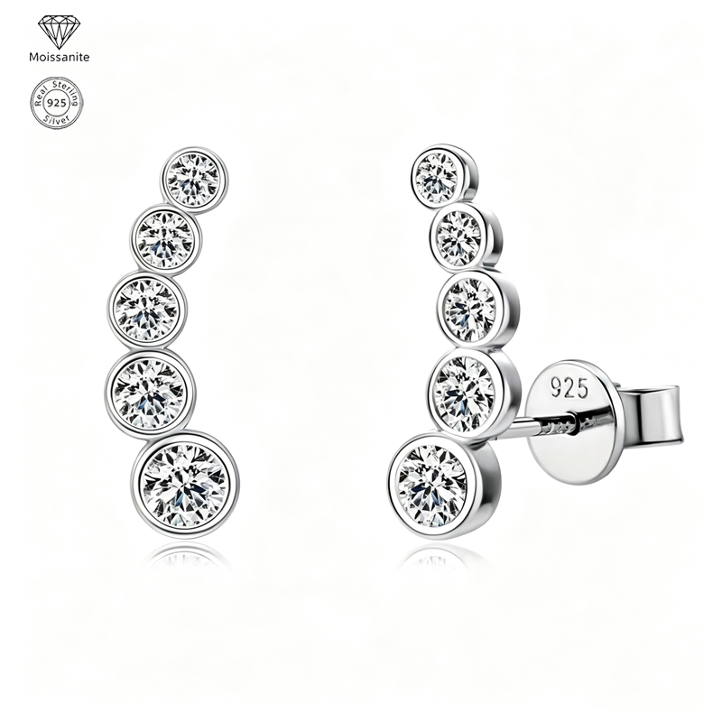 Moissanite Climber Stud Earrings for Women, 925 Sterling Silver, Elegant Ear Climber Earrings, Hypoallergenic Fine Jewelry