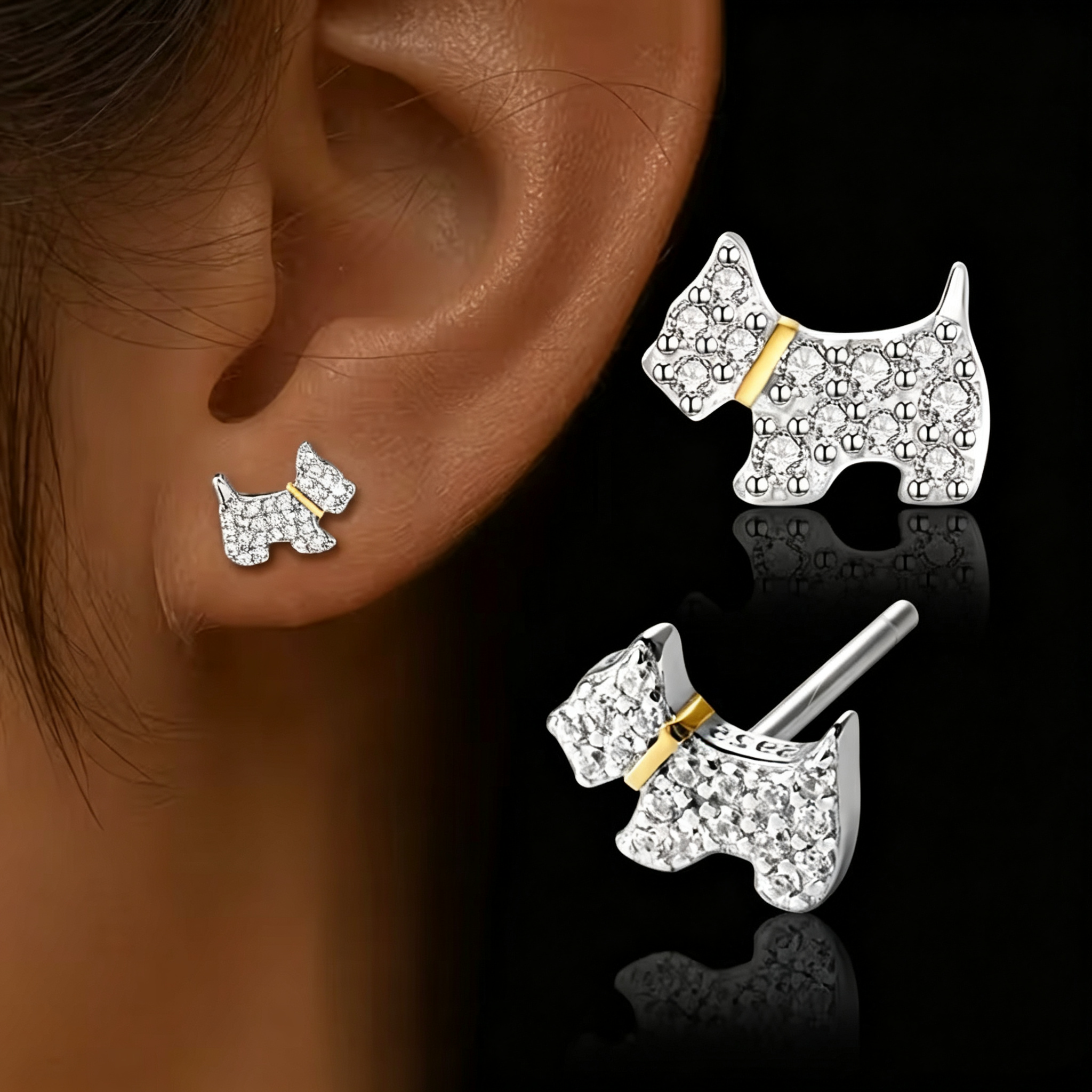 Puppy Stud Earrings for Women, 925 Sterling Silver, Sparkling Zirconia Dog Earrings, Hypoallergenic Pet Lover Jewelry
