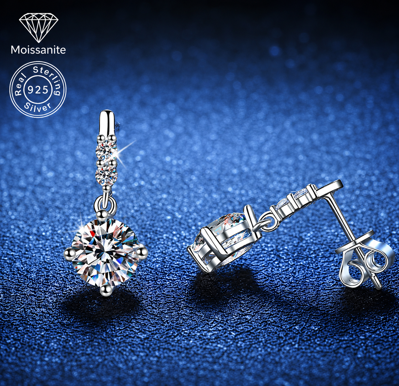Dangle Moissanite Drop Earrings with Dual Accent Stones – 0.5 CARAT | 925 Sterling Silver