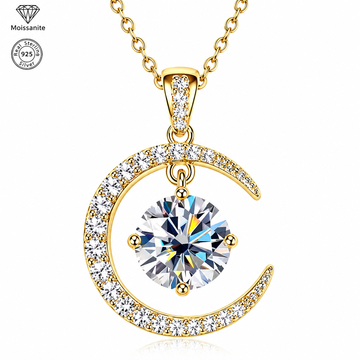 Moon & Sun Moissanite Pendant Necklace, 925 Sterling Silver, 2.31CTW Round Cut Moissanite, Celestial Jewelry Gift for Women