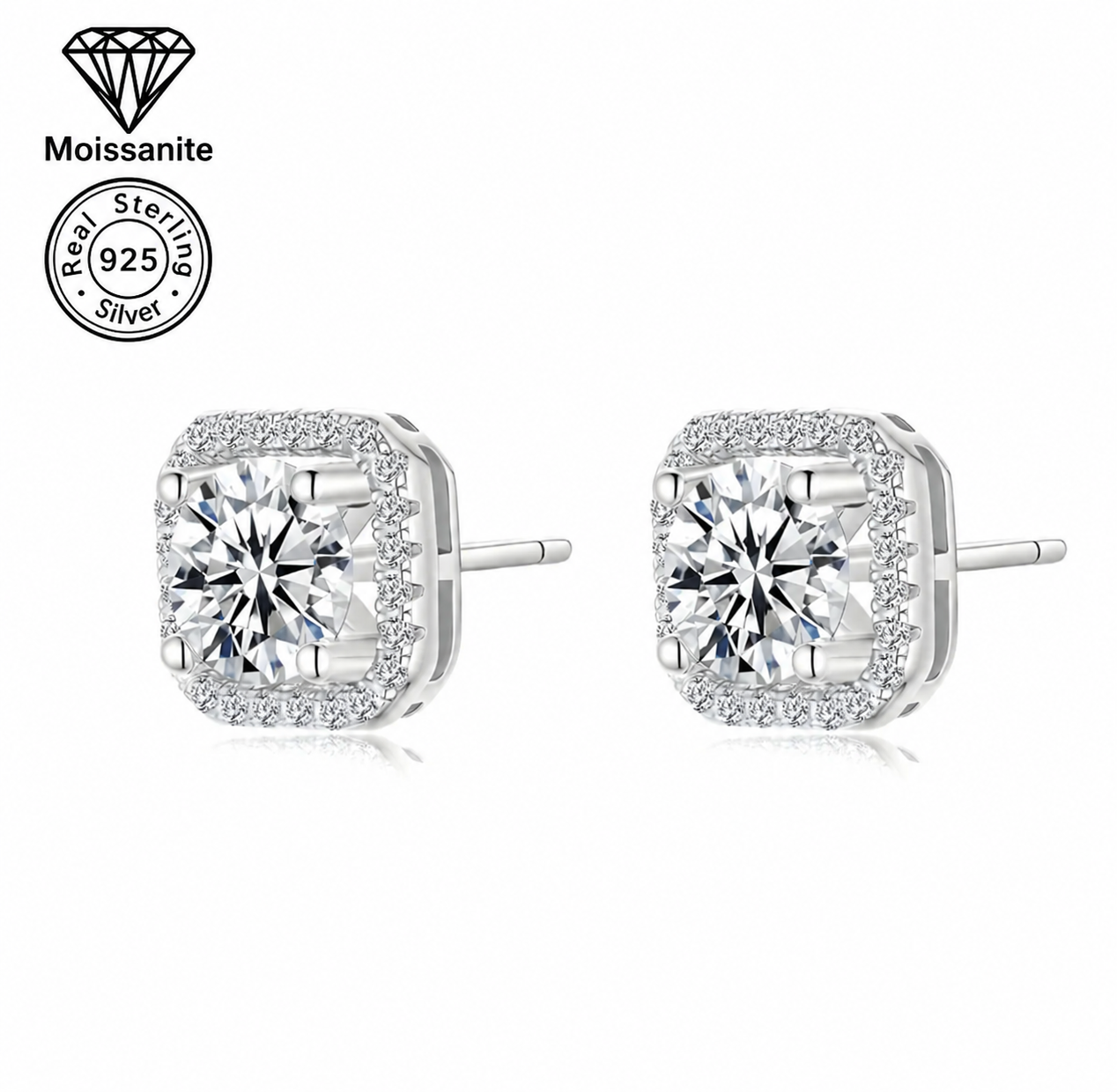 Round Cut Cushion Halo Moissanite Stud Earrings – 0.5 CARAT / 1 CARAT | 925 Sterling Silver
