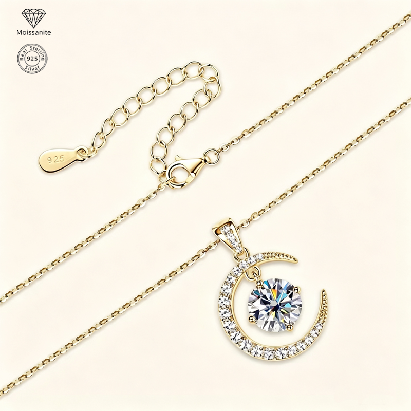 Moon & Sun Moissanite Pendant Necklace, 925 Sterling Silver, 2.31CTW Round Cut Moissanite, Celestial Jewelry Gift for Women