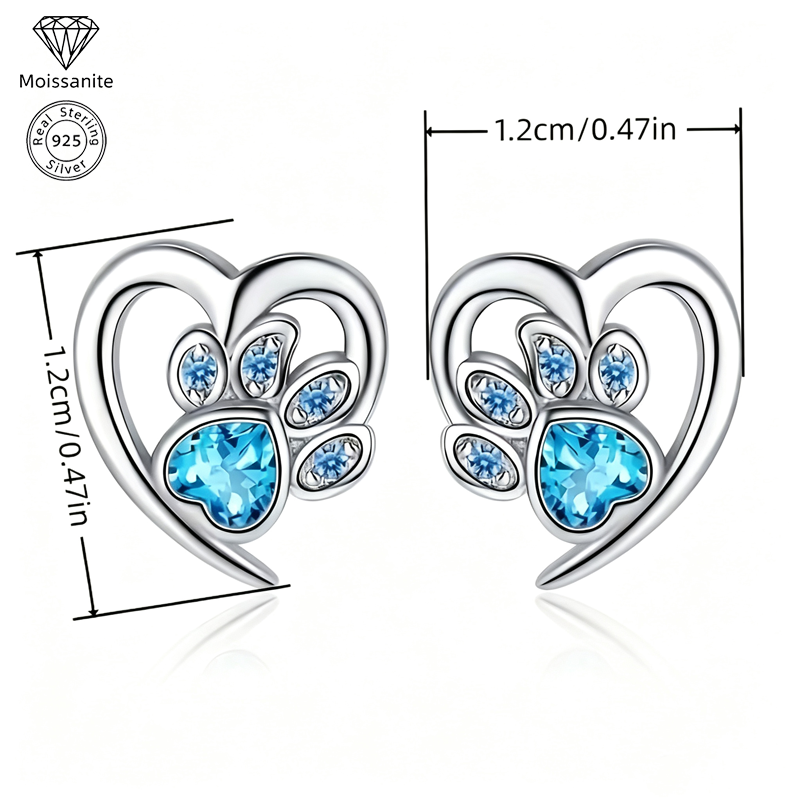 925 Sterling Silvery Synthetic Turquoise Animal Paw Print Heart Stud Earrings for Women, Cute Casual Jewelry
