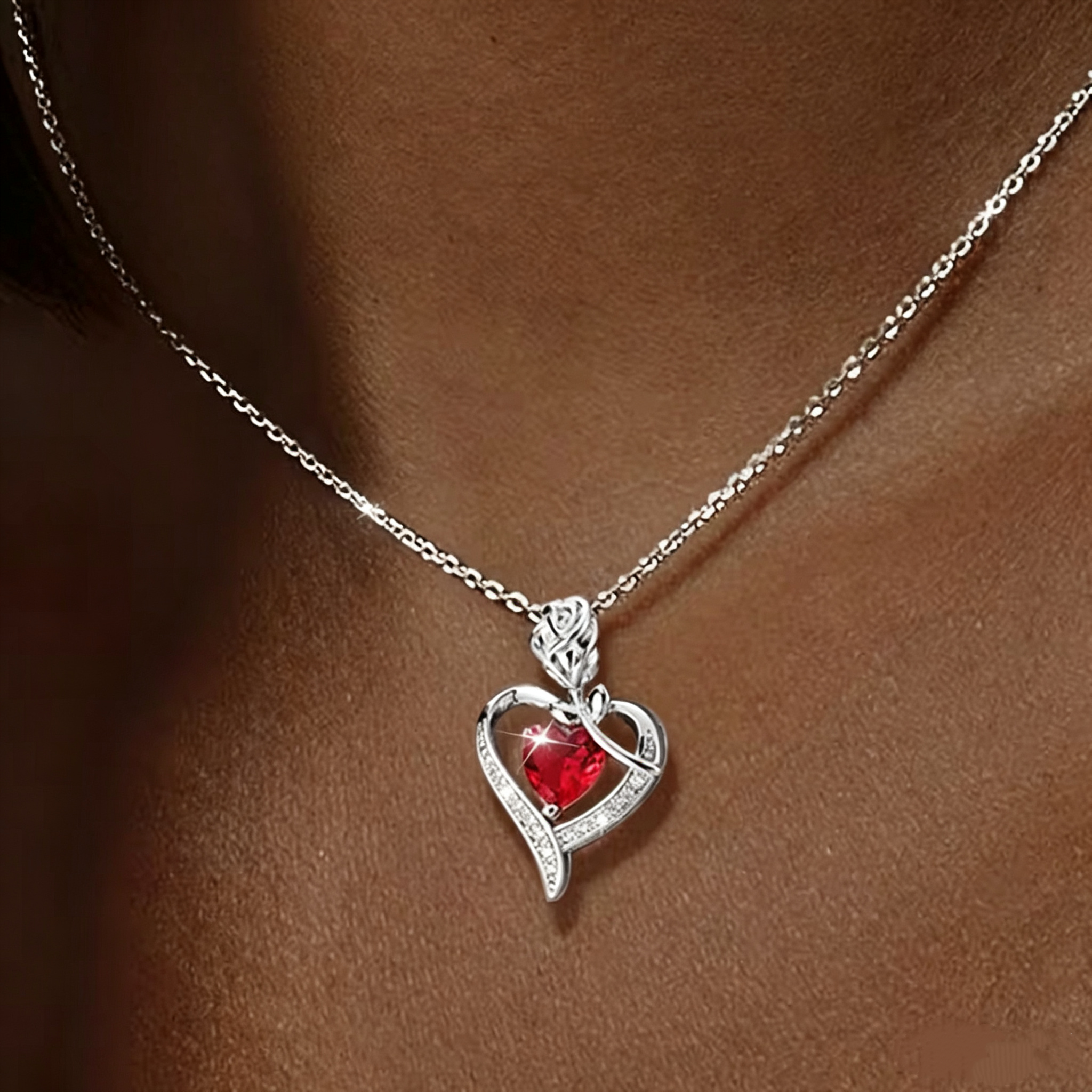 Rose Heart Pendant Necklace for Women, 925 Sterling Silver, Red Zirconia Necklace, Romantic Jewelry Gift