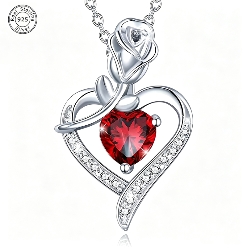 Rose Heart Pendant Necklace for Women, 925 Sterling Silver, Red Zirconia Necklace, Romantic Jewelry Gift