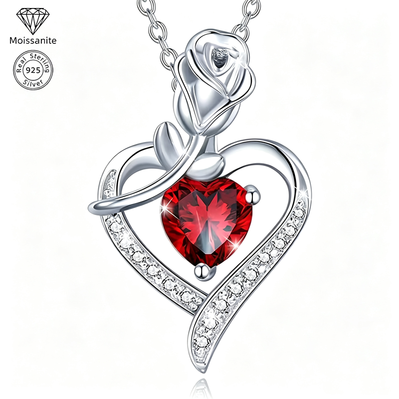 Rose Heart Pendant Necklace for Women, 925 Sterling Silver, Red Zirconia Necklace, Romantic Jewelry Gift