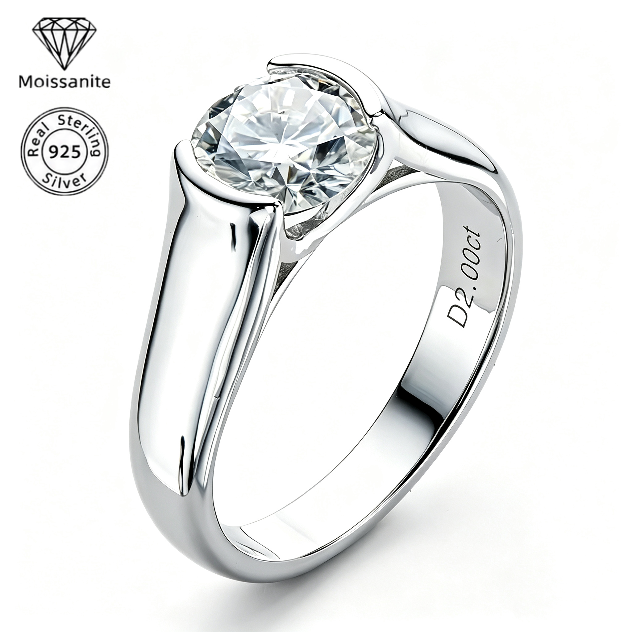 2.0 Carat Round Moissanite Engagement Ring for Women, 925 Sterling Silver Solitaire Ring, Classic Wedding & Anniversary Fine Jewelry