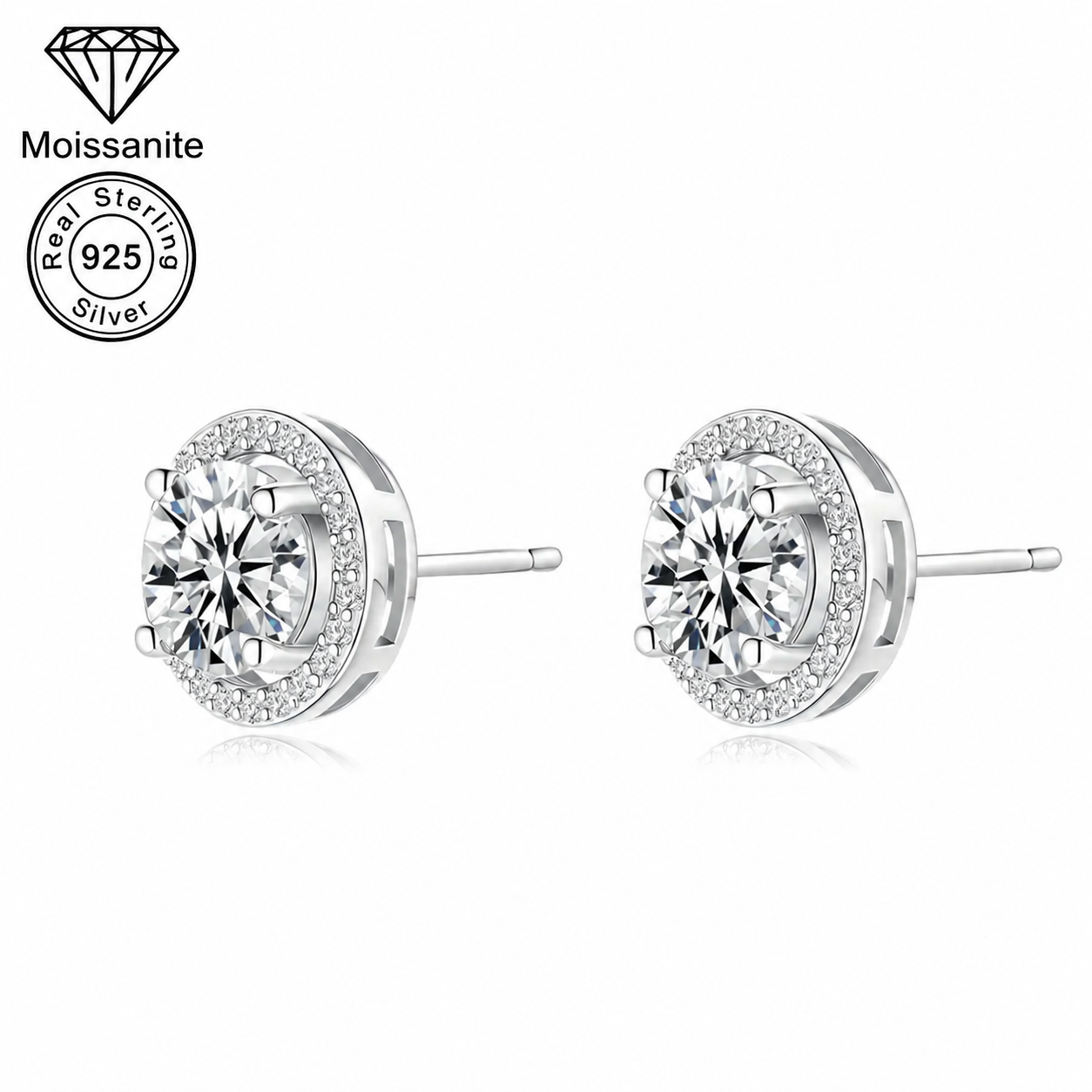 Round Cut Round Halo Moissanite Stud Earrings – 0.5 CARAT / 1 CARAT | 925 Sterling Silver