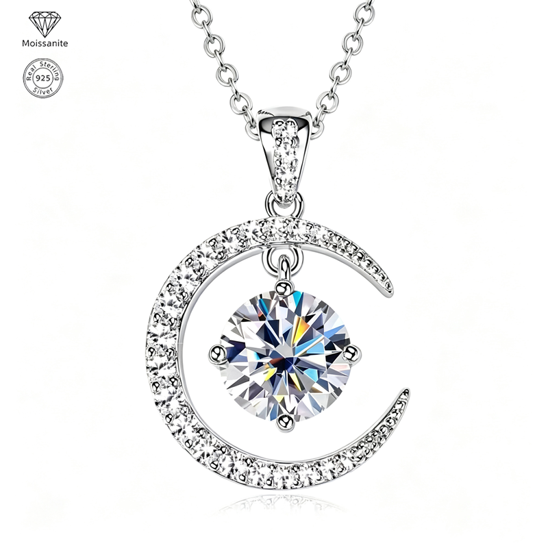 Moon & Sun Moissanite Pendant Necklace, 925 Sterling Silver, 2.31CTW Round Cut Moissanite, Celestial Jewelry Gift for Women
