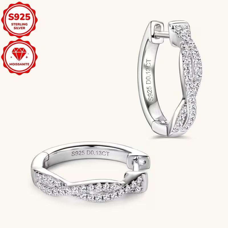 Twisted Braid Moissanite Hoop Earrings for Women, 925 Sterling Silver, Pavé Moissanite Huggie Hoops, Hypoallergenic Fine Jewelry