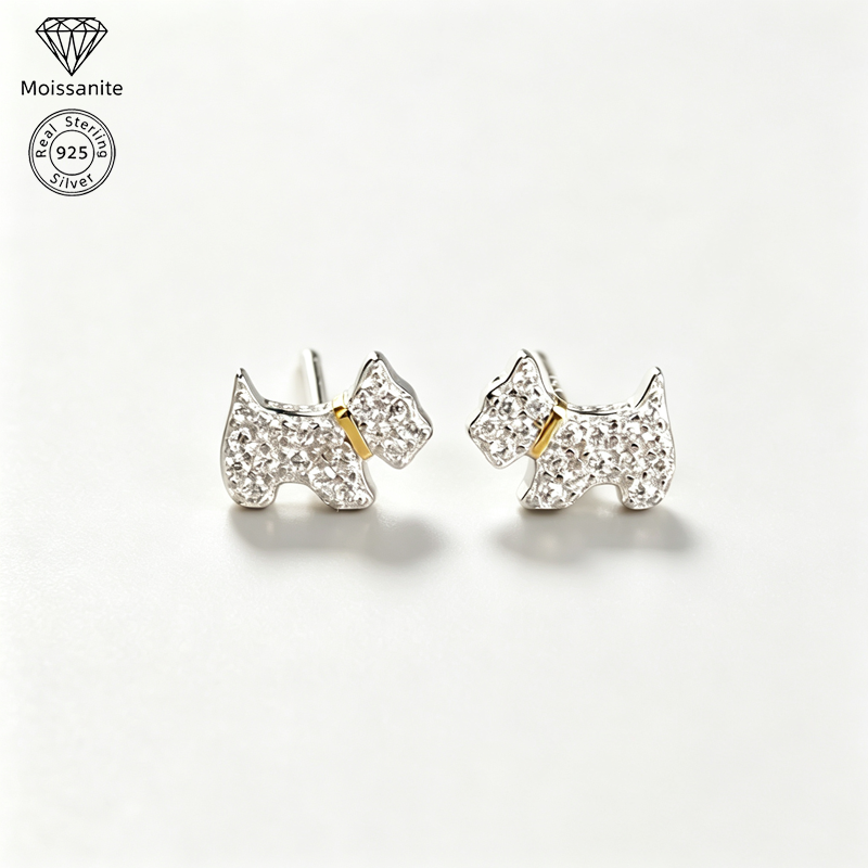 Puppy Stud Earrings for Women, 925 Sterling Silver, Sparkling Zirconia Dog Earrings, Hypoallergenic Pet Lover Jewelry