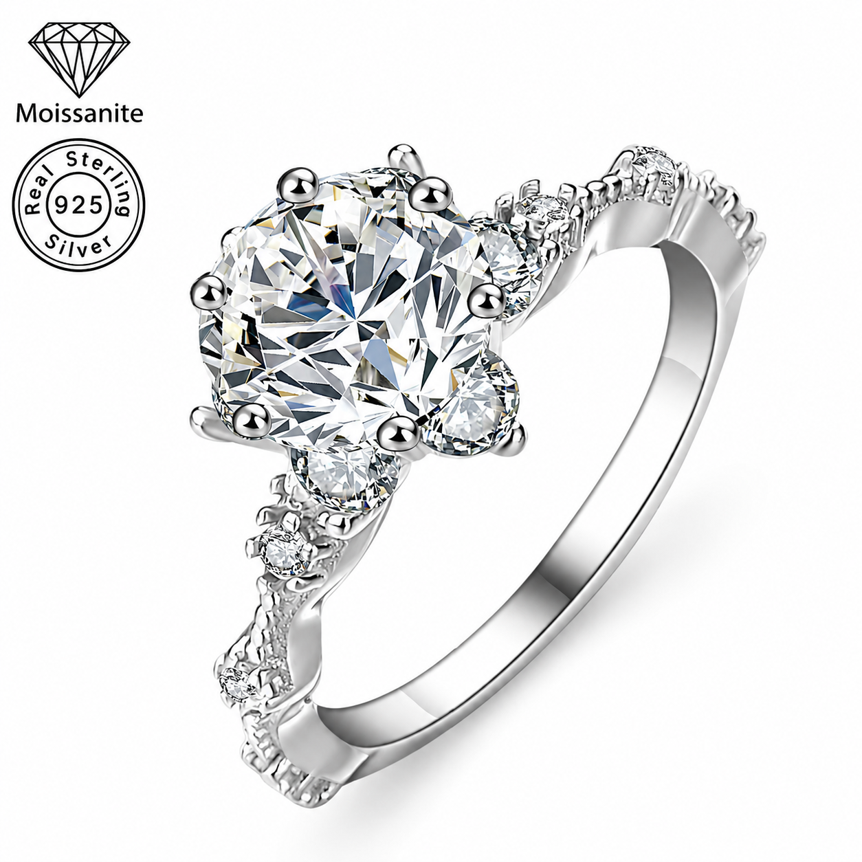 Floral Halo Moissanite Ring – Round Cut 1 Carat or 3 Carat | 925 Sterling Silver