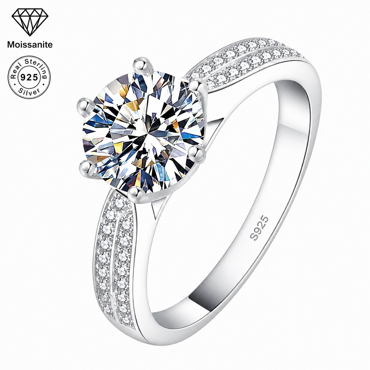 925 Sterling Silver Double Pavé Round Cut Moissanite Engagement Ring, Bridal Rings