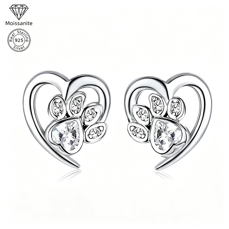 925 Sterling Silvery Synthetic Turquoise Animal Paw Print Heart Stud Earrings for Women, Cute Casual Jewelry