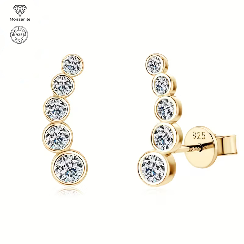 Moissanite Climber Stud Earrings for Women, 925 Sterling Silver, Elegant Ear Climber Earrings, Hypoallergenic Fine Jewelry