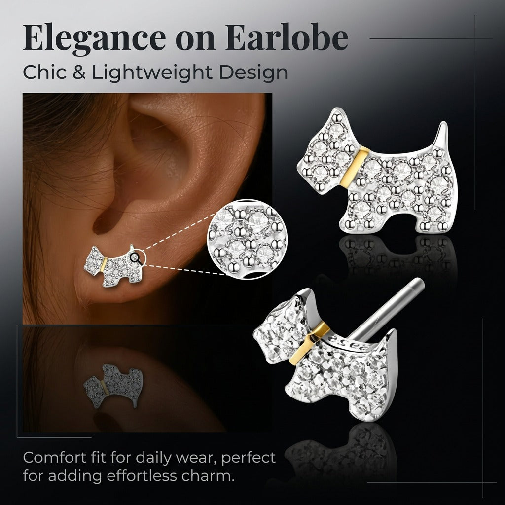 Puppy Stud Earrings for Women, 925 Sterling Silver, Sparkling Zirconia Dog Earrings, Hypoallergenic Pet Lover Jewelry