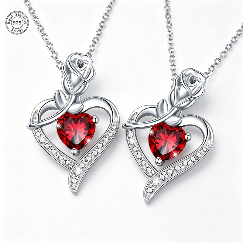 Rose Heart Pendant Necklace for Women, 925 Sterling Silver, Red Zirconia Necklace, Romantic Jewelry Gift