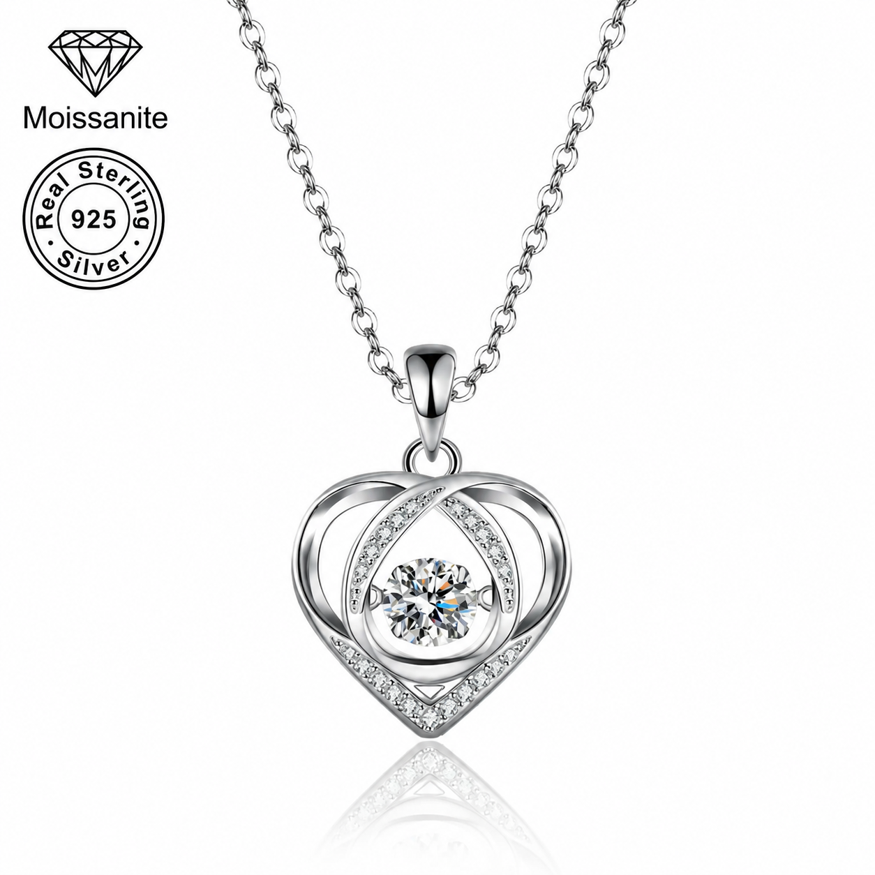 925 Sterling Silver Dancing Heart Moissanite Necklace - VVS, 0.5 ct D/VVS Double Heart Geometric Pendant, Layering Decorative Silver Necklaces & Pendants