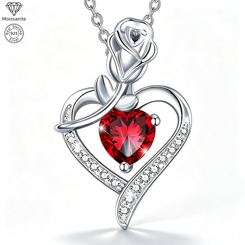 Rose Heart Pendant Necklace for Women, 925 Sterling Silver, Red Zirconia Necklace, Romantic Jewelry Gift