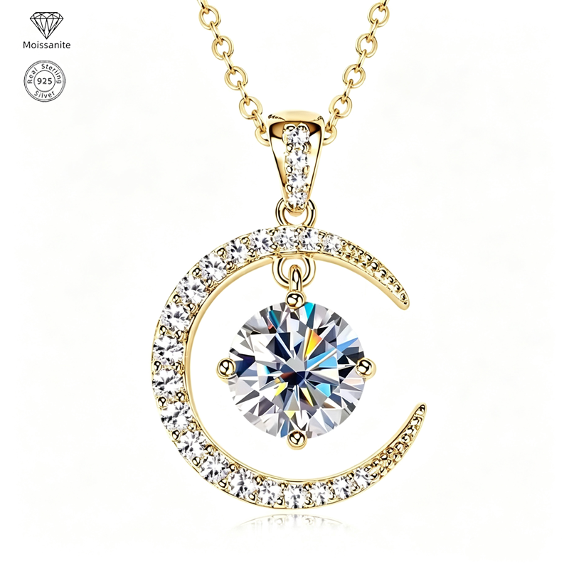 Moon & Sun Moissanite Pendant Necklace, 925 Sterling Silver, 2.31CTW Round Cut Moissanite, Celestial Jewelry Gift for Women
