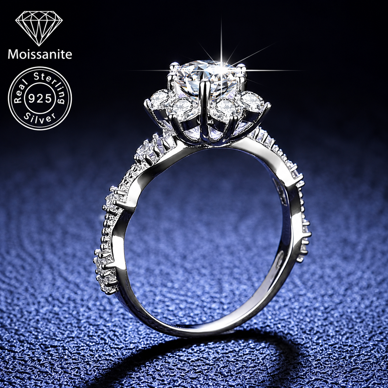 Floral Halo Moissanite Ring – Round Cut 1 Carat or 3 Carat | 925 Sterling Silver