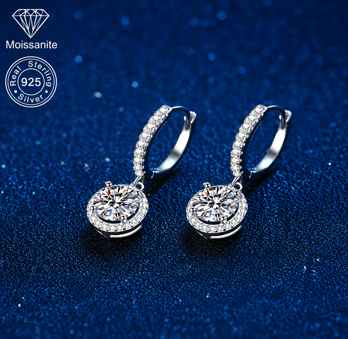 Halo Moissanite Drop Hoop Earrings – 1 CARAT | 925 Sterling Silver