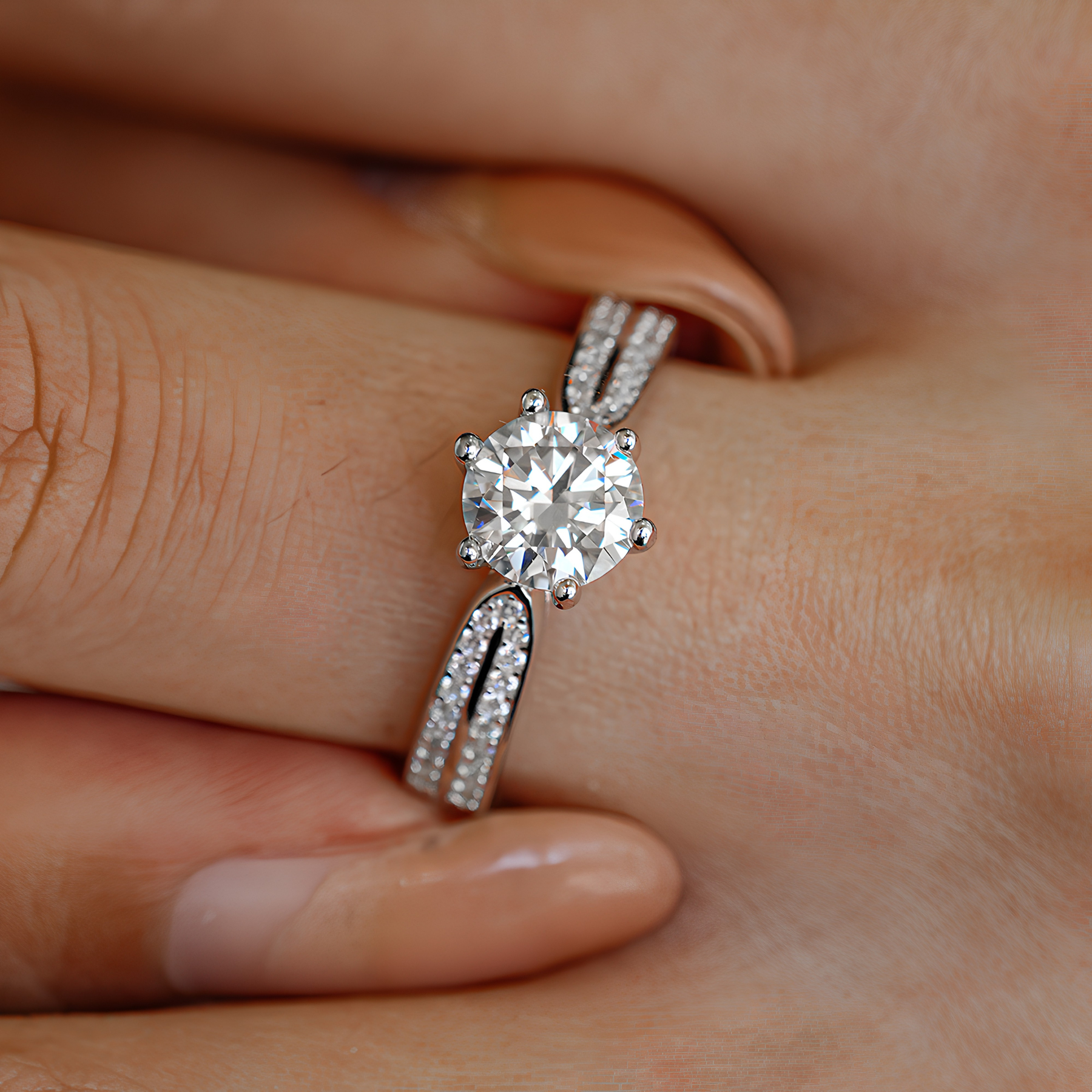 Double Pavé Moissanite Engagement Ring – Round Cut | 925 Sterling Silver