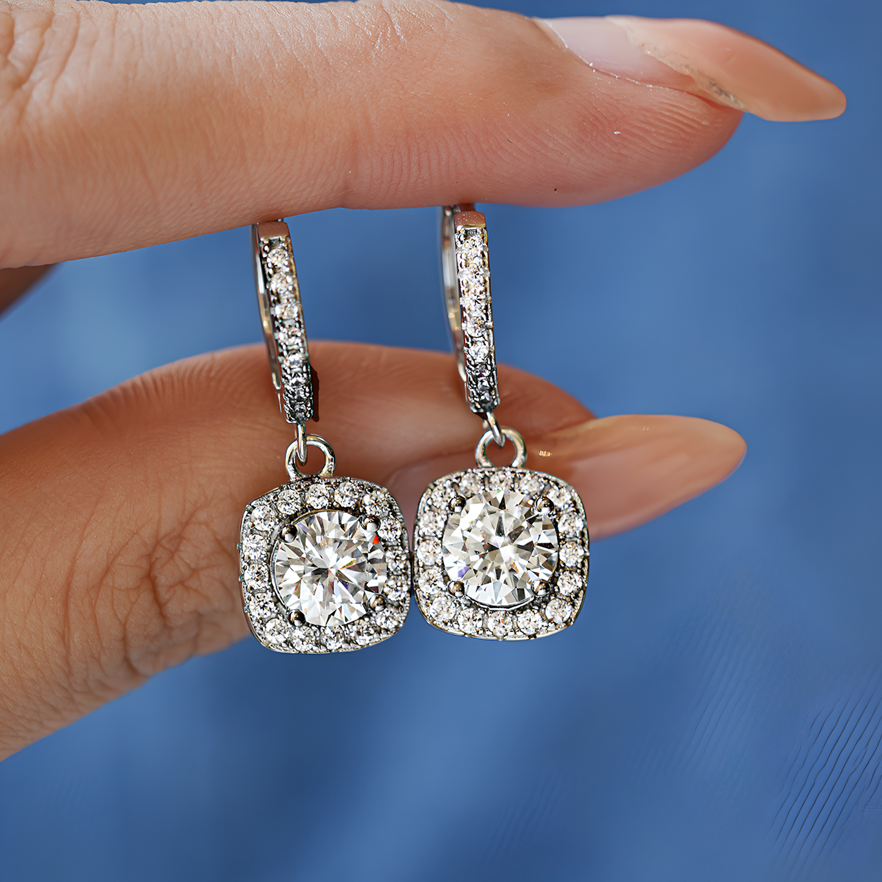 Round Cut Moissanite Halo Drop Earrings – Cushion Frame | 925 Sterling Silver