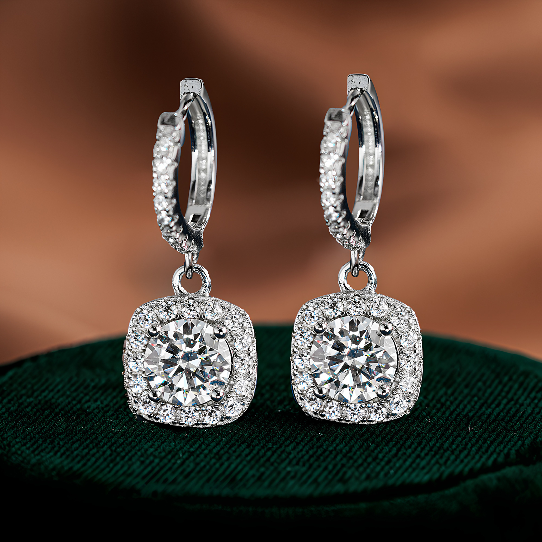 Round Cut Moissanite Halo Drop Earrings – Cushion Frame | 925 Sterling Silver