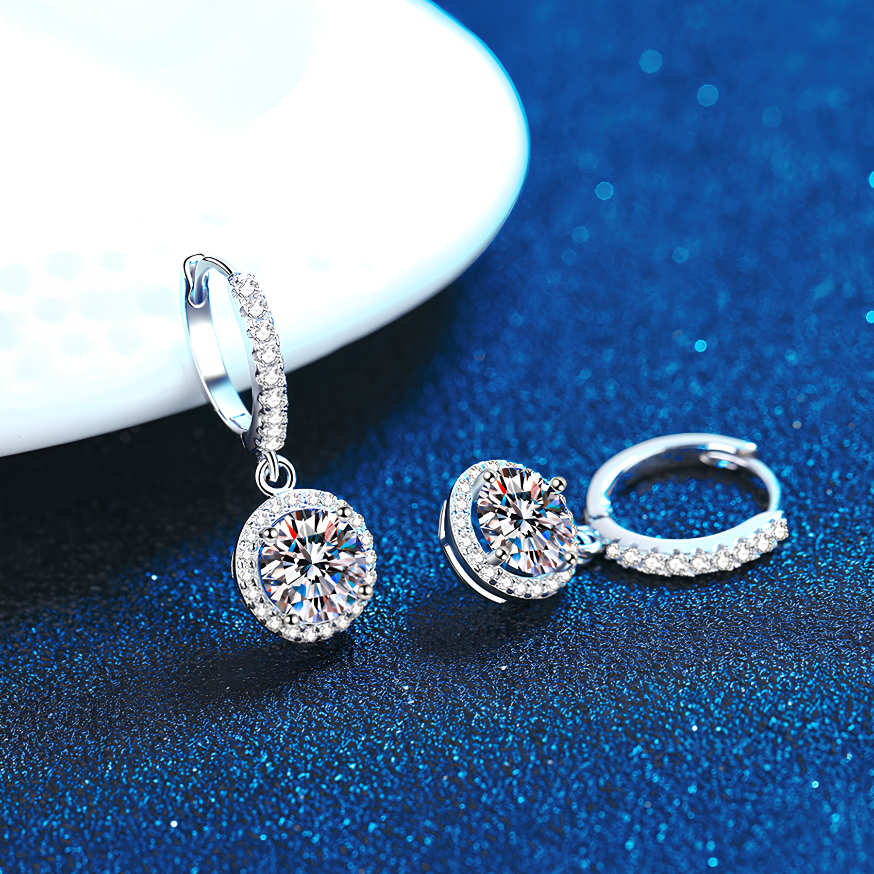 Halo Moissanite Drop Hoop Earrings – 1CT, 925 Sterling Silver