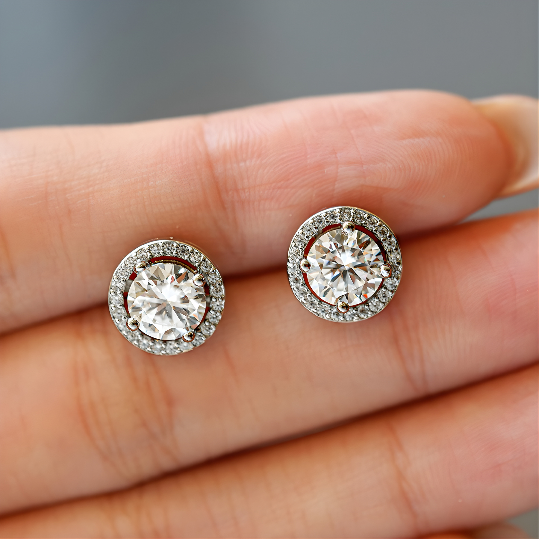 Round Cut Round Halo Moissanite Stud Earrings – 0.5 CARAT / 1 CARAT | 925 Sterling Silver