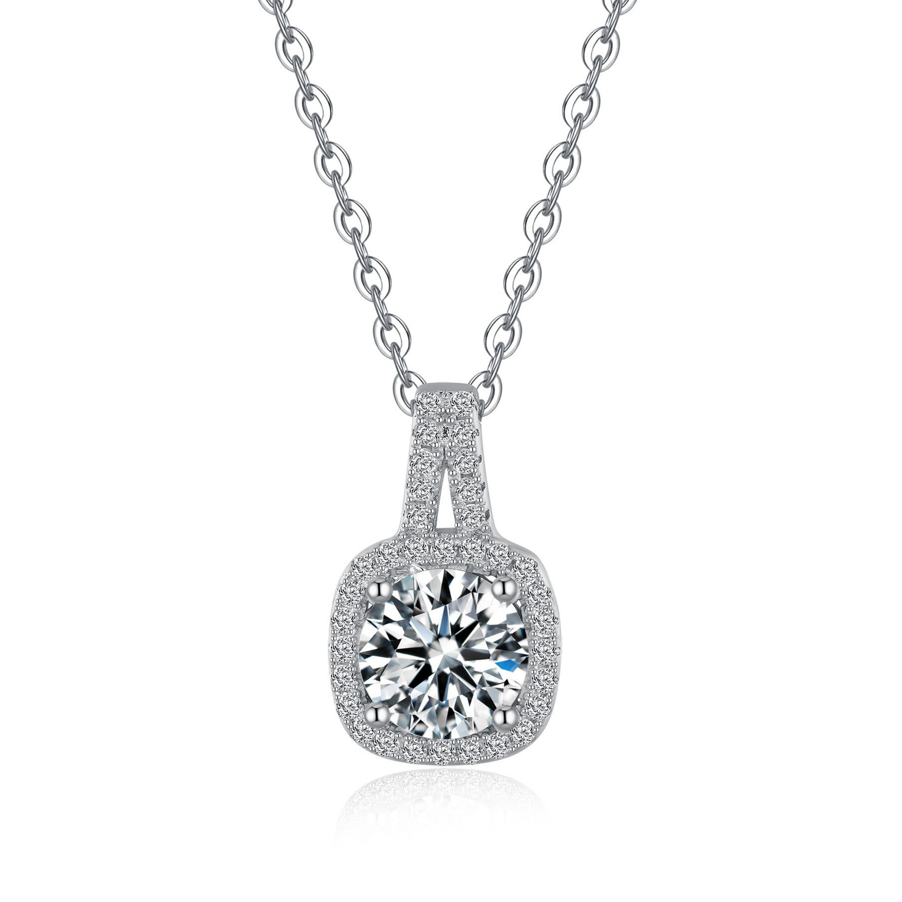 Round Moissanite Halo Pendant Necklace – Cushion Frame | 1–2 Carat | 925 Sterling Silver